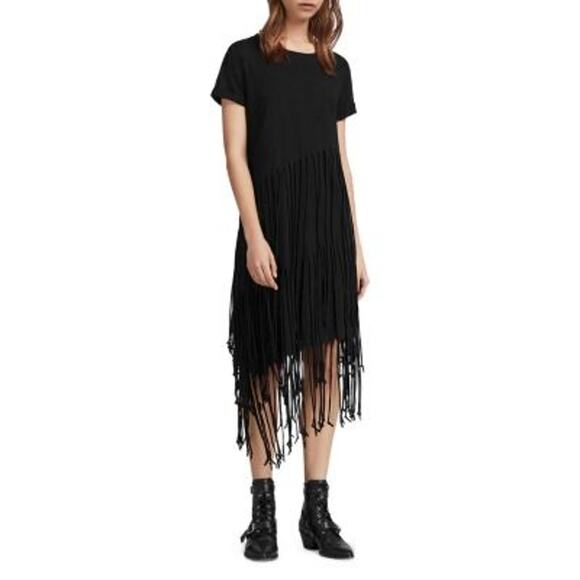 ALLSAINTS | XS | Tami Tiered Fringed T-Shirt Dress fringe Womens Short Sleeve - Picture 1 of 6